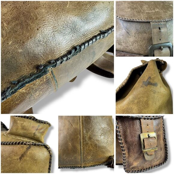 Vintage Distressed Handmade Rugged Rustic Soft Brown Tan Leather Backpack Bag - Picture 7 of 12